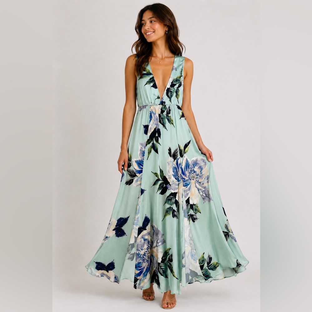 Show Me Your MUMU Mint to be floral Kendall maxi dress XS‎